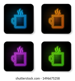 Glowing neon Coffee cup flat icon isolated on white background. Tea cup. Hot drink coffee. Black square button. Vector Illustration
