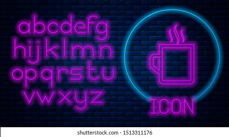 Glowing neon Coffee cup flat icon isolated on brick wall background. Tea cup. Hot drink coffee. Neon light alphabet. Vector Illustration