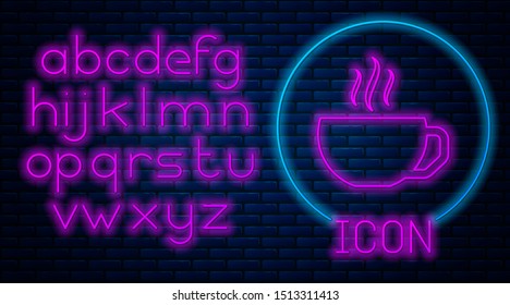 Glowing neon Coffee cup flat icon isolated on brick wall background. Tea cup. Hot drink coffee. Neon light alphabet. Vector Illustration