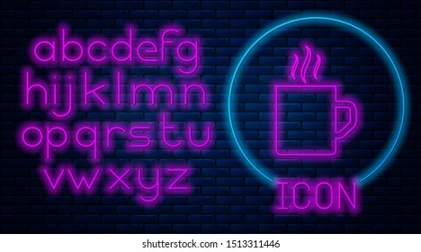 Glowing neon Coffee cup flat icon isolated on brick wall background. Tea cup. Hot drink coffee. Neon light alphabet. Vector Illustration