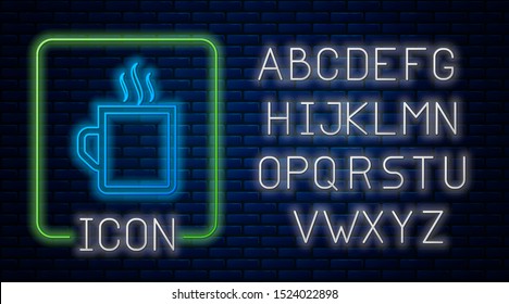 Glowing neon Coffee cup flat icon isolated on brick wall background. Tea cup. Hot drink coffee. Neon light alphabet. Vector Illustration