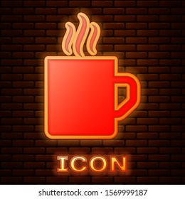 Glowing neon Coffee cup flat icon isolated on brick wall background. Tea cup. Hot drink coffee.  Vector Illustration