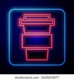 Glowing neon Coffee cup to go icon isolated on blue background.  Vector Illustration