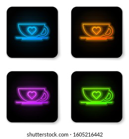 Glowing neon Coffee cup and heart icon isolated on white background. Couple coffee for lovers on Valentines Day. Black square button. Vector Illustration