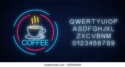 Glowing neon coffee cup icon in circle frames with alphabet on a dark brick wall background. Light effect hot beverage or cafe sign. Vector illustration.