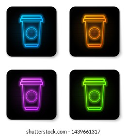 Glowing neon Coffee cup icon isolated on white background. Disposable coffee cup with hot coffee. Black square button. Vector Illustration