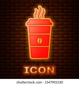 Glowing neon Coffee cup icon isolated on brick wall background. Disposable coffee cup with hot coffee.  Vector Illustration