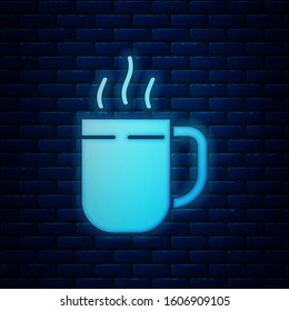 Glowing neon Coffee cup icon isolated on brick wall background. Tea cup. Hot drink coffee.  Vector Illustration