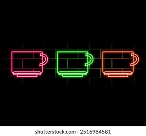 Glowing neon coffee cup icon on a dark brick wall background. Light effect hot beverage or cafe sign. Vector illustration..