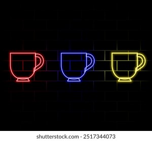 Glowing neon coffee cup icon on a dark brick wall background. Light effect hot beverage or cafe sign. Vector illustration.