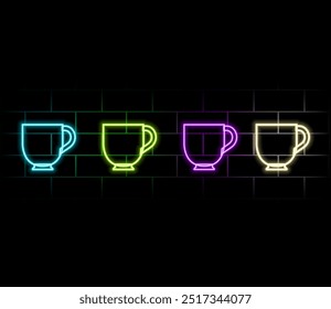 Glowing neon coffee cup on a dark brick wall background. Light effect hot beverage or cafe sign. Vector illustration.