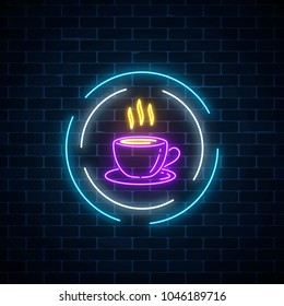Glowing neon coffee cup sign in circle frames on a dark brick wall background. Night street advertising signboard of cafe. Vector illustration.
