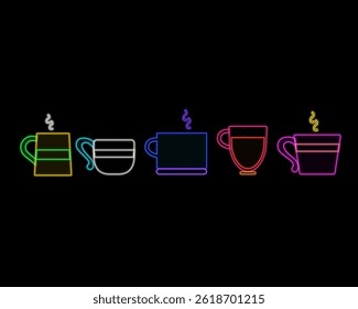 Glowing neon coffee cup sign in circle frames on a dark brick wall background.Coffee cup neon sign vector. Coffee icon set with neon style glow element. neon style.