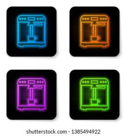 Glowing neon Coffee machine and coffee cup icon isolated on white background. Black square button. Vector Illustration