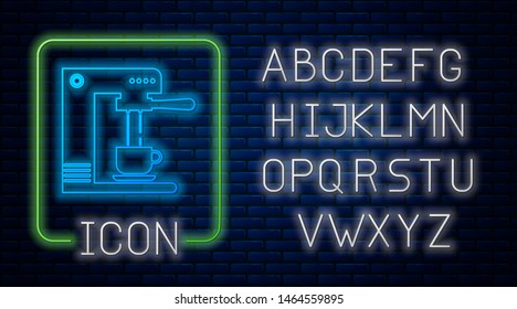 Glowing neon Coffee machine and coffee cup icon isolated on brick wall background. Neon light alphabet. Vector Illustration
