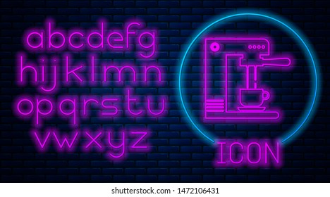 Glowing neon Coffee machine and coffee cup icon isolated on brick wall background. Neon light alphabet. Vector Illustration