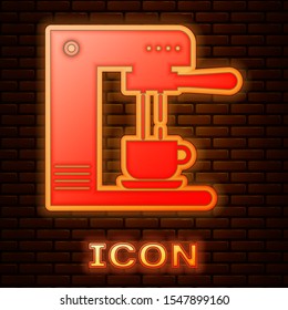 Glowing neon Coffee machine and coffee cup icon isolated on brick wall background.  Vector Illustration