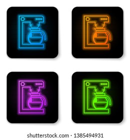 Glowing neon Coffee machine with glass pot icon isolated on white background. Black square button. Vector Illustration