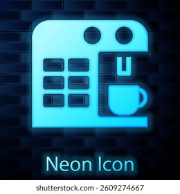 Glowing neon Coffee machine icon isolated on brick wall background.  Vector