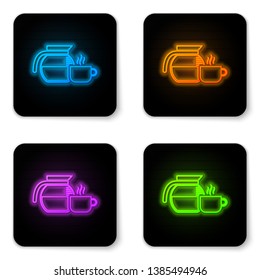 Glowing neon Coffee pot with cup icon isolated on white background. Black square button. Vector Illustration
