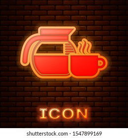 Glowing neon Coffee pot with cup icon isolated on brick wall background.  Vector Illustration