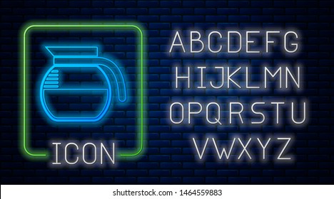 Glowing neon Coffee pot icon isolated on brick wall background. Neon light alphabet. Vector Illustration