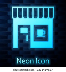 Glowing neon Coffee shop icon isolated on brick wall background.  Vector