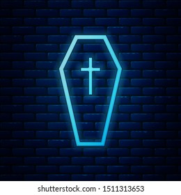 Glowing neon Coffin with christian cross icon isolated on brick wall background. Happy Halloween party.  Vector Illustration