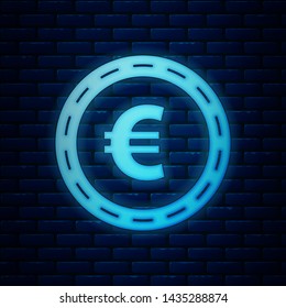 Glowing neon Coin money with euro symbol icon isolated on brick wall background. Banking currency sign. Cash symbol.  Vector Illustration