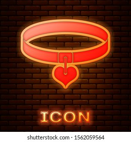 Glowing neon Collar with name tag and heart icon isolated on brick wall background. Simple supplies for domestic animal. Cat and dog care. Pet chains.  Vector Illustration