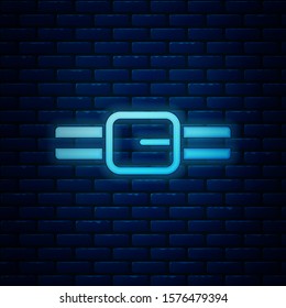 Glowing neon Collar with name tag icon isolated on brick wall background. Simple supplies for domestic animal. Cat and dog care. Pet chains.  Vector Illustration