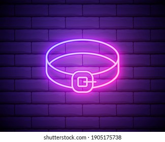 Glowing neon Collar with name tag icon isolated on brick wall background. Simple supplies for domestic animal. Cat and dog care. Pet chains. Vector Illustration