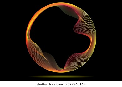 glowing neon color circles round curve shape with wavy dynamic lines isolated on black background technology concept. Circular light frame border. eps 10
