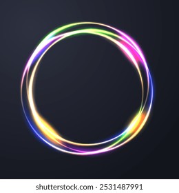 Glowing neon color frame sparkling ring with glitter on black background and blank space area. Suitable for badges, price tag, label