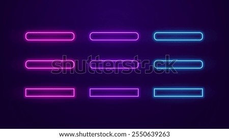 Glowing neon colors buttons set. Action button bright frames. Vector illustration