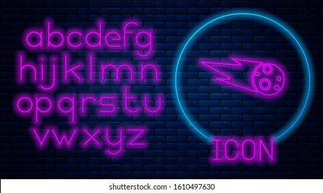 Glowing neon Comet falling down fast icon isolated on brick wall background. Neon light alphabet. Vector Illustration