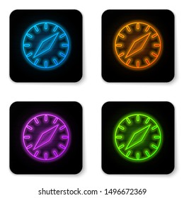 Glowing neon Compass icon isolated on white background. Windrose navigation symbol. Wind rose sign. Black square button. Vector Illustration