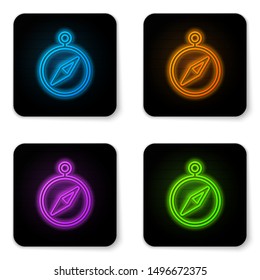 Glowing neon Compass icon isolated on white background. Windrose navigation symbol. Wind rose sign. Black square button. Vector Illustration