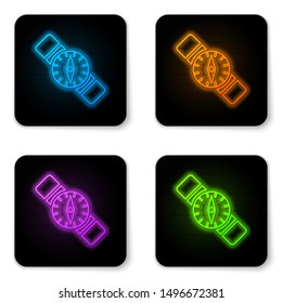 Glowing neon Compass icon isolated on white background. Windrose navigation symbol. Wind rose sign. Black square button. Vector Illustration