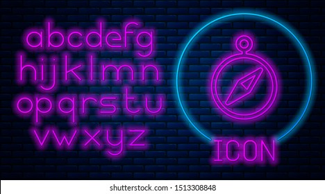Glowing neon Compass icon isolated on brick wall background. Windrose navigation symbol. Wind rose sign. Neon light alphabet. Vector Illustration