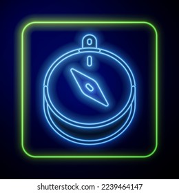 Glowing neon Compass icon isolated on blue background. Windrose navigation symbol. Wind rose sign.  Vector