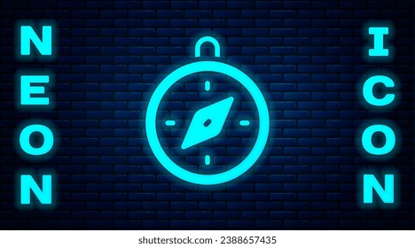 Glowing neon Compass icon isolated on brick wall background. Windrose navigation symbol. Wind rose sign.  Vector