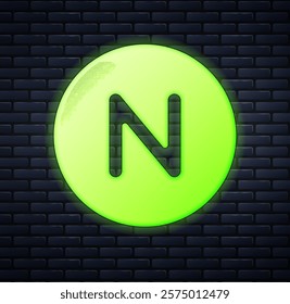 Glowing neon Compass north icon isolated on brick wall background. Windrose navigation symbol. Wind rose sign.  Vector