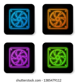 Glowing neon Computer cooler icon isolated on white background. PC hardware fan. Black square button. Vector Illustration
