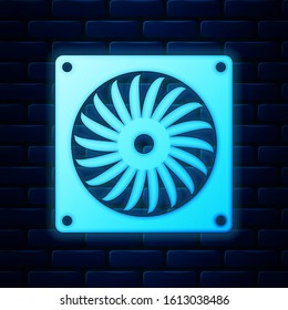 Glowing neon Computer cooler icon isolated on brick wall background. PC hardware fan.  Vector Illustration