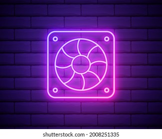 Glühende Neon Computer Kühler Symbol einzeln auf Backsteinmauern Hintergrund. PC-Hardwarelüfter. Vektorgrafik.