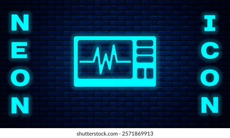 Glowing neon Computer monitor with cardiogram icon isolated on brick wall background. Monitoring icon. ECG monitor with heart beat hand drawn.  Vector