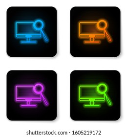 Glowing neon Computer monitor diagnostics icon isolated on white background. Adjusting app, service, setting options, maintenance, repair. Black square button. Vector Illustration