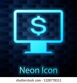 Glowing neon Computer monitor with dollar icon isolated on brick wall background. Internet financial security concept, online finance protection. Vector Illustration