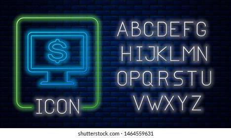 Glowing neon Computer monitor with dollar icon isolated on brick wall background. Internet financial security concept, online finance protection. Neon light alphabet. Vector Illustration